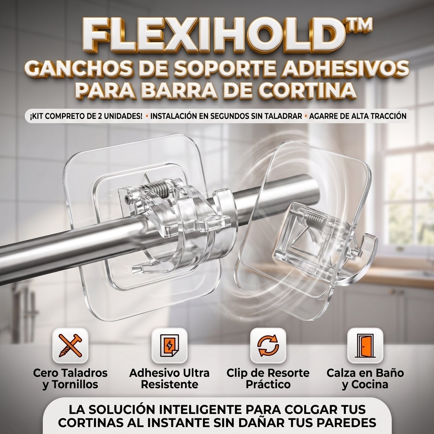 FlexiHold™ Ganchos Adhesivos de Soporte para Barra de Cortina
