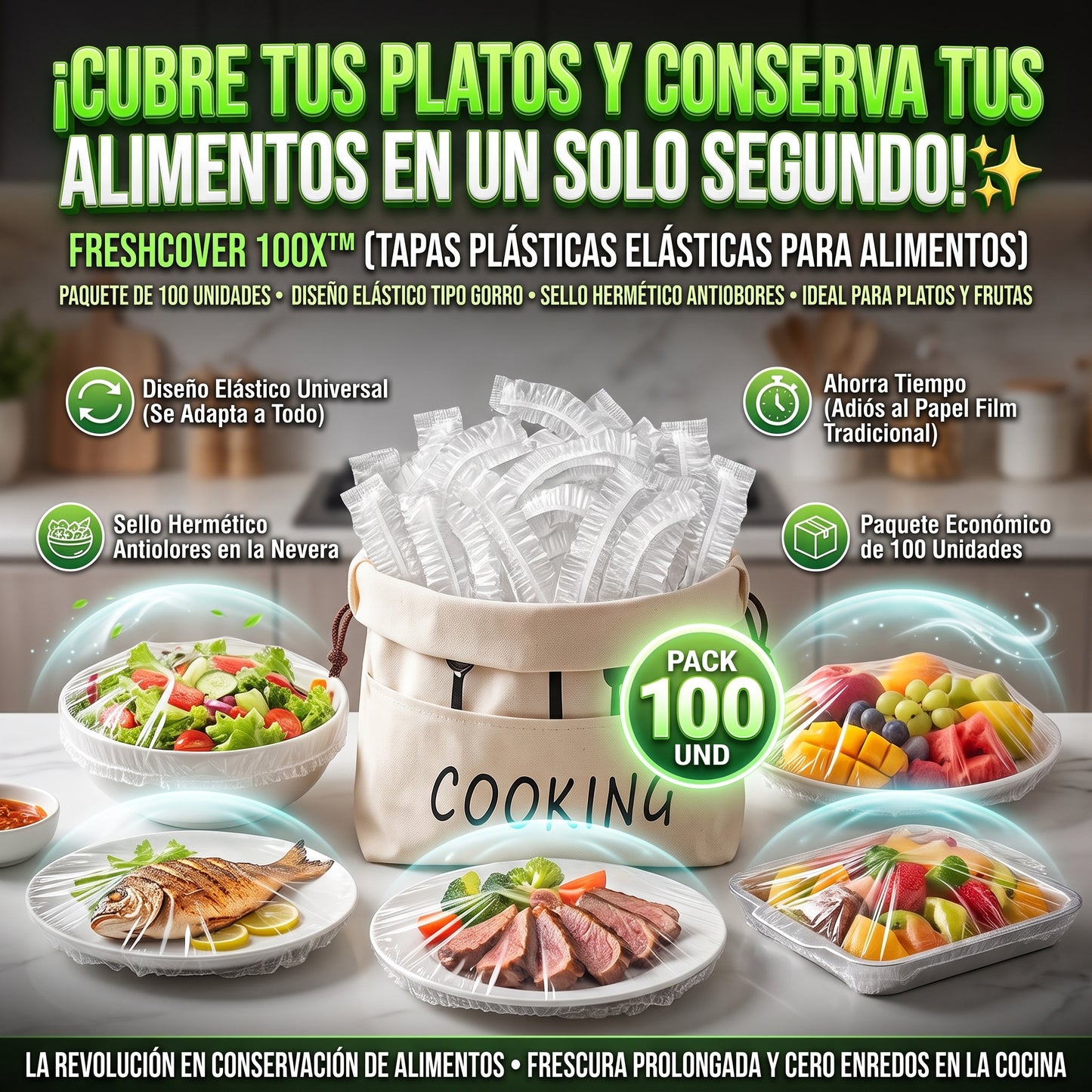 FRESHCOVER™ Bolsas Cubre Alimentos Elásticas Desechables X 100 Und