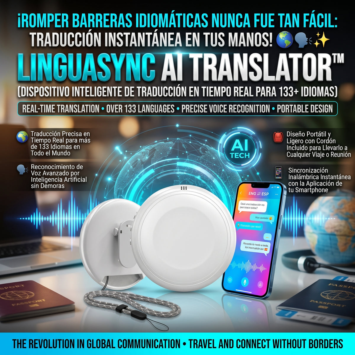 LINGUASYNC AI TRANSLATOR™ Traductor Inteligente de Voz Portátil con IA