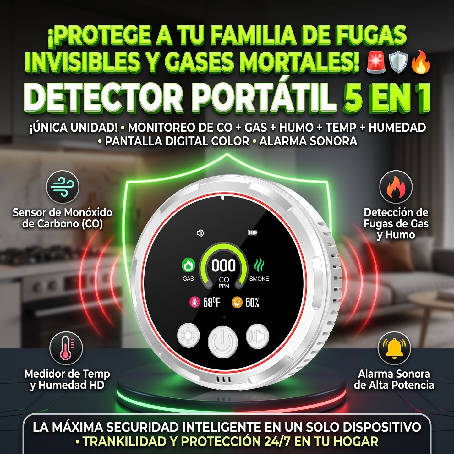 CO GUARD™ 5 EN 1 Detector de Humos seguridad para el hogar