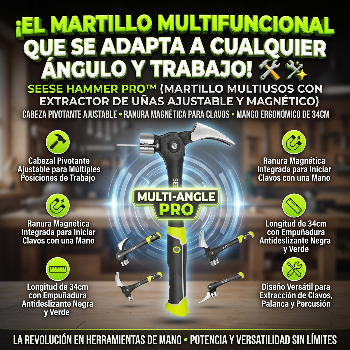 SEESE HAMMER™ Martillo Multifuncional Ajustable, Extractor de Uñas y Magnético