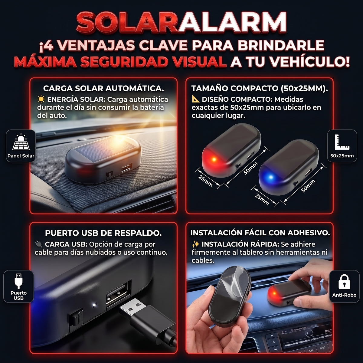 SOLARALARM™ Simulador de Alarma LED Antirrobo con Carga Solar y USB 2x1