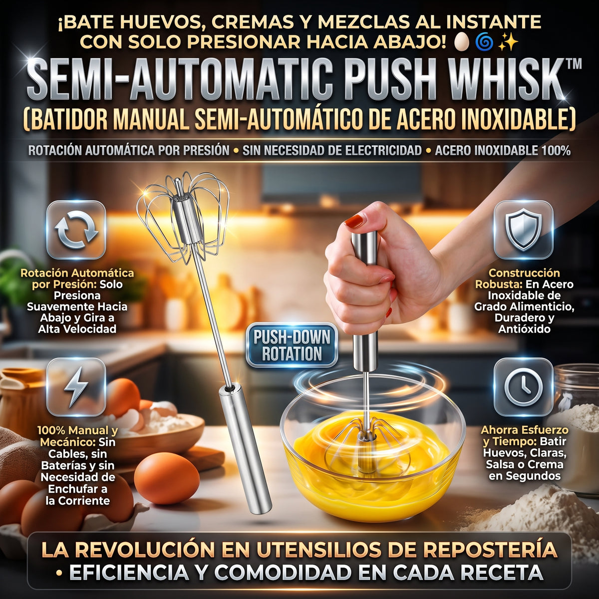PUSH WHISK™ Batidor Semiautomático de Presión de Acero Inoxidable
