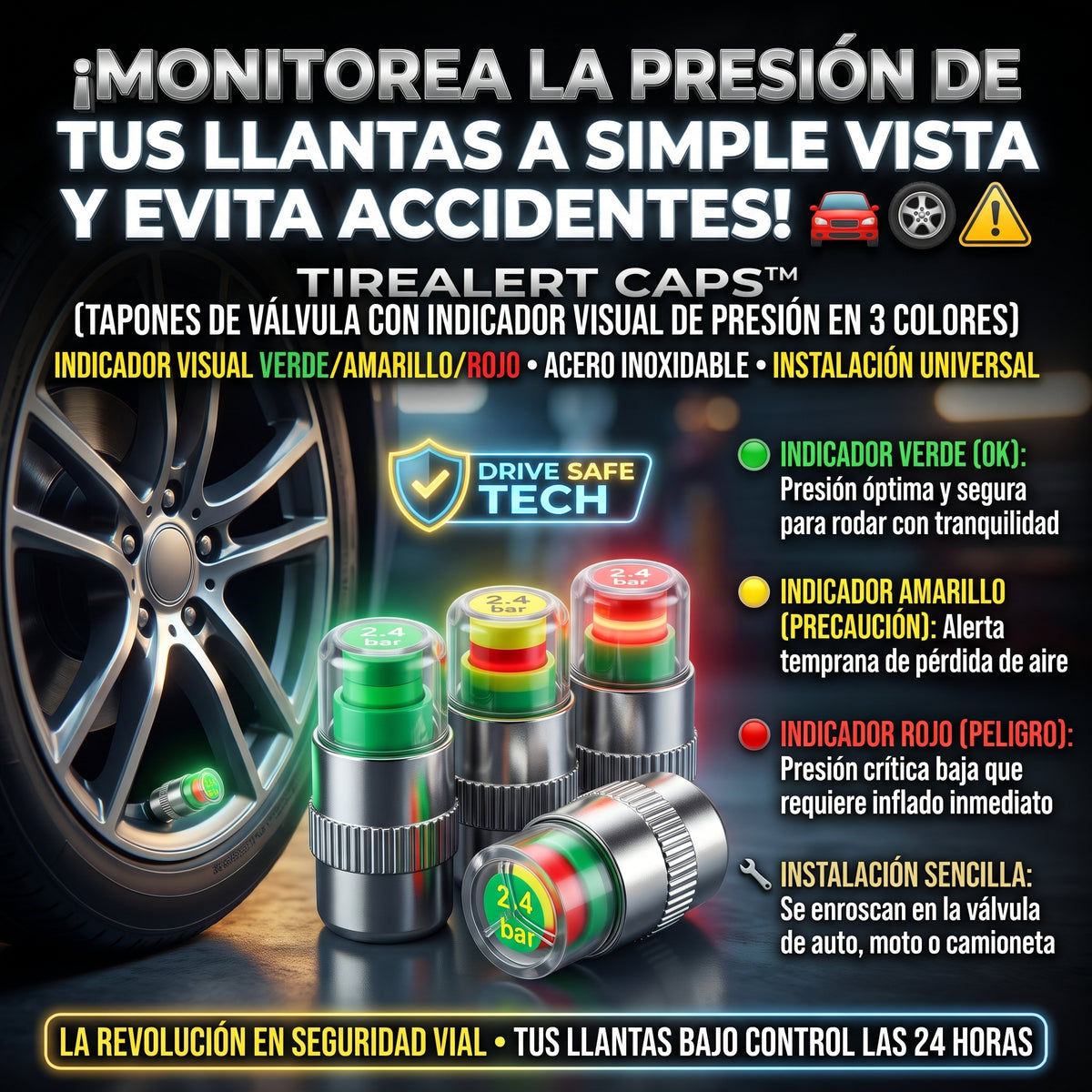 TIRELERT CAPS™ Set de 4 Und Tapas de Válvula con Manómetro Indicador de Presión