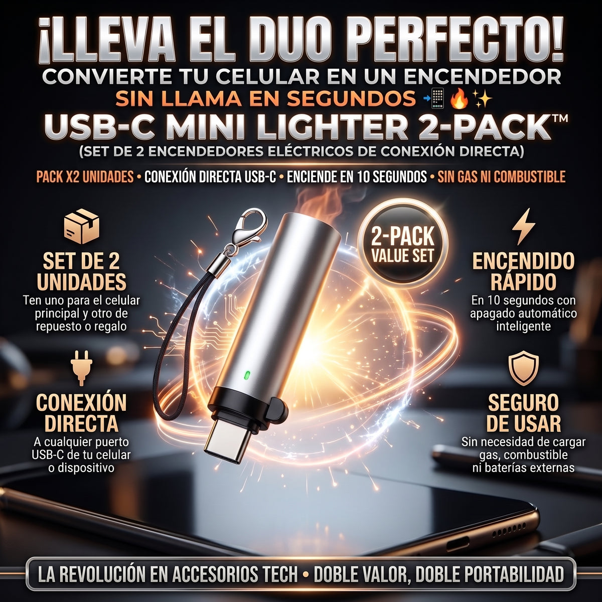 USB-C LIGHTERS 2X™ Encendedor Eléctrico USB-C sin Llama (Set de 2 Unidades)