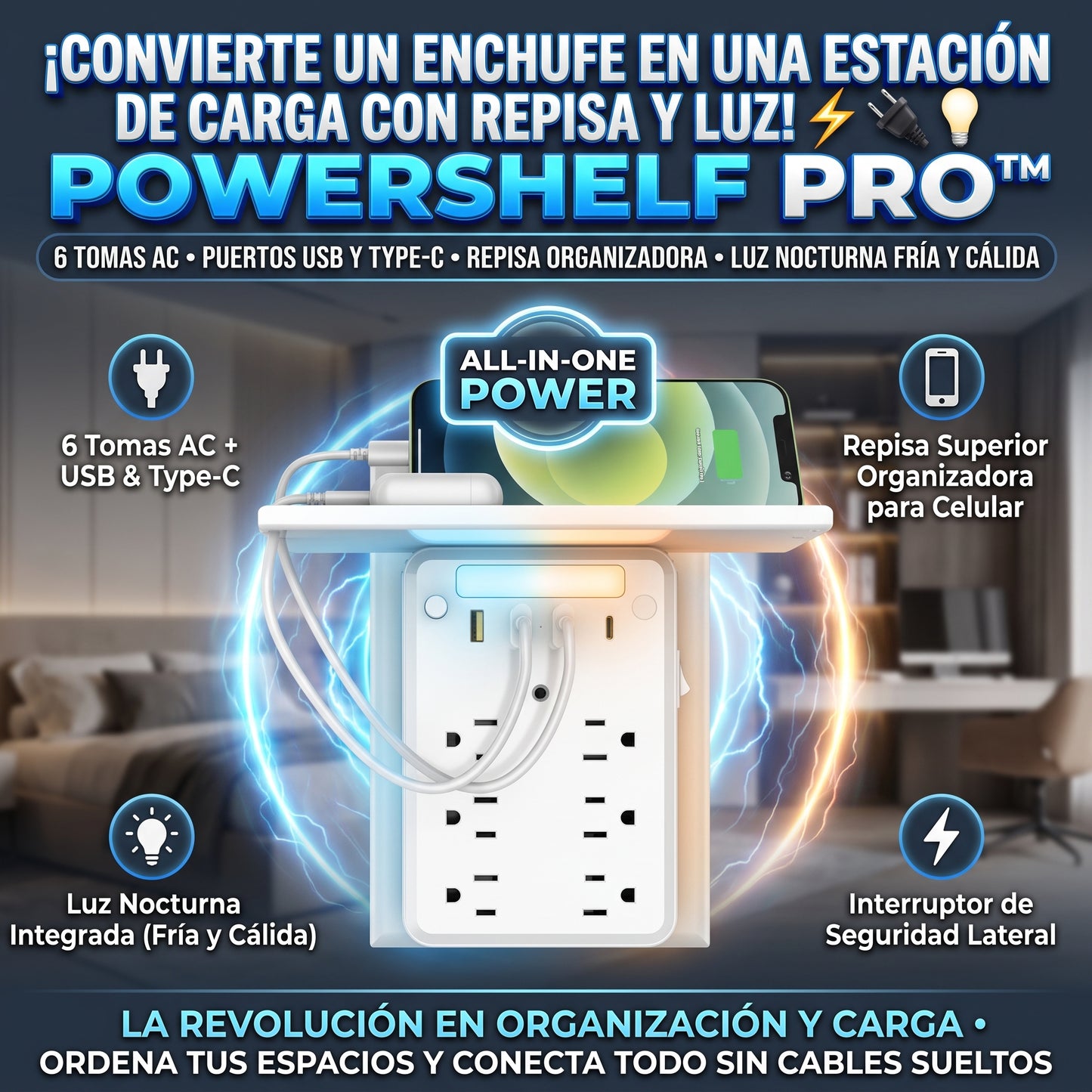 POWERSHELF™ Extensión de Enchufe de Pared con Repisa y Luz Nocturna