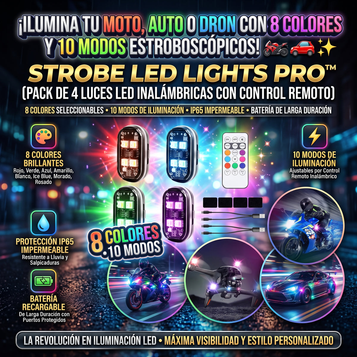STROBE LED PRO™ Set de 4 Luces LED Estroboscópicas Inalámbricas con Control Remoto