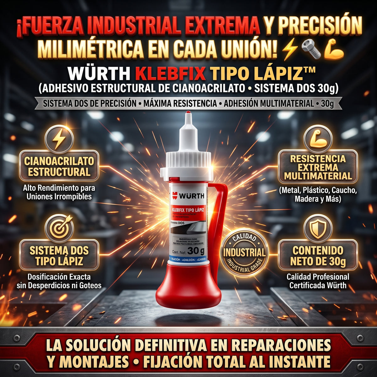 WÜRTH KLEBFIX™ 30g Adhesivo Estructural de Cianocrilato 2X1