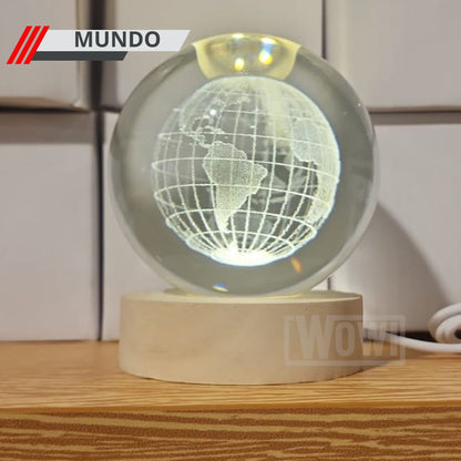Bola de Cristal 3D  Diseño de Sistema Solar con Iluminación y Base de Madera