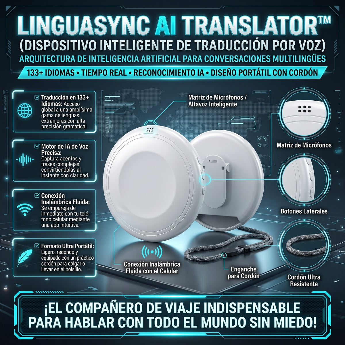 LINGUASYNC AI TRANSLATOR™ Traductor Inteligente de Voz Portátil con IA