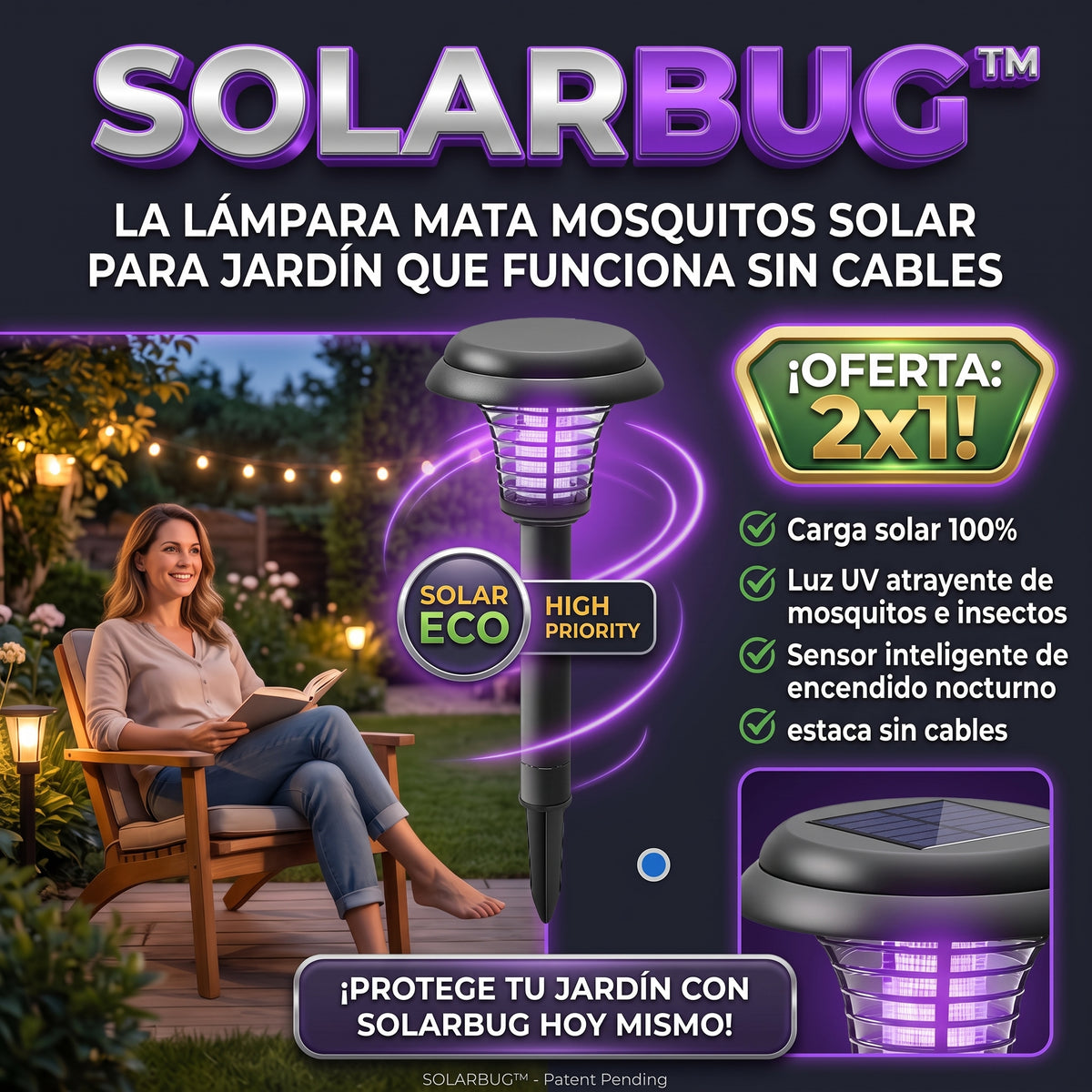 SOLARBUG™ Lámpara Solar Antimosquitos de Jardín 2x1