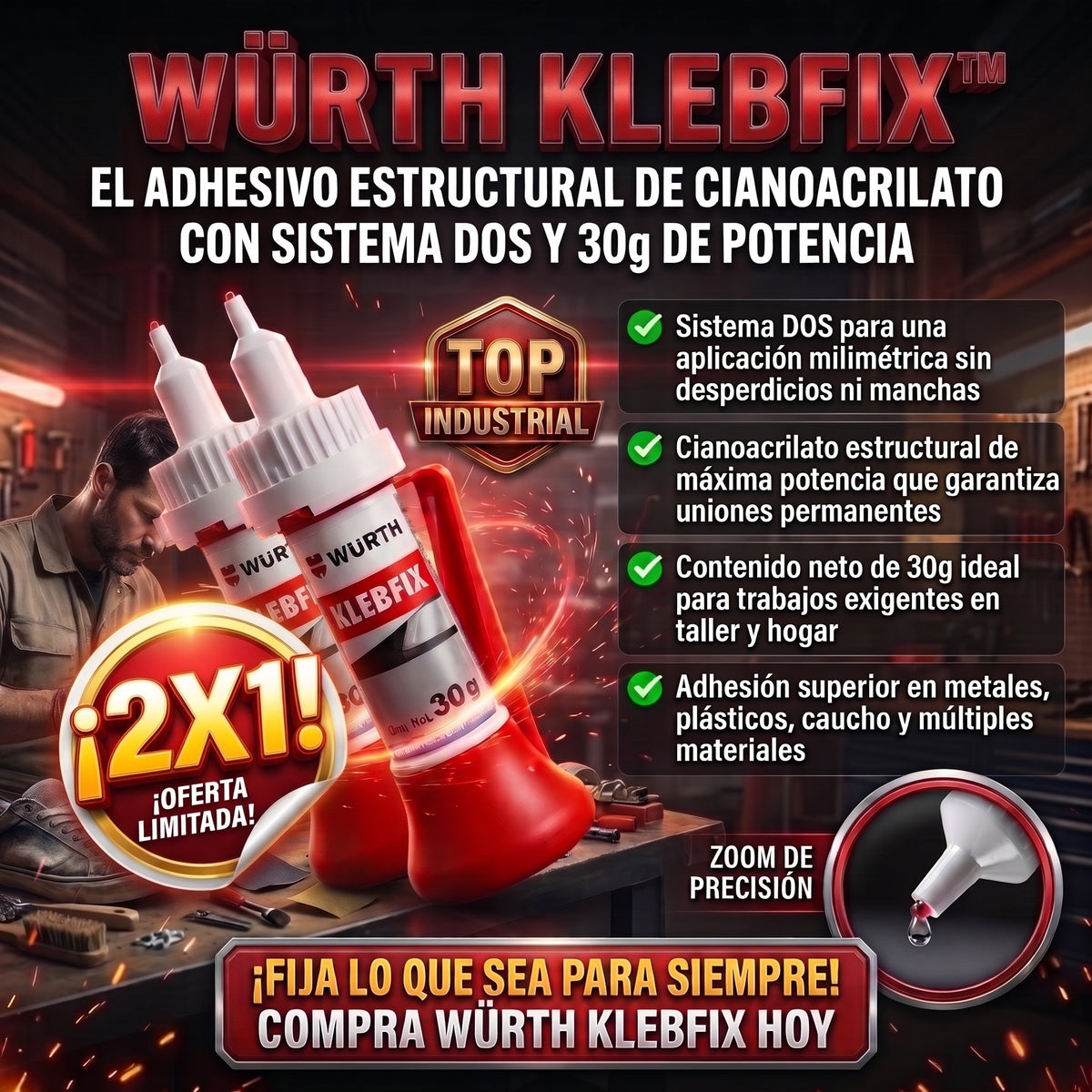 WÜRTH KLEBFIX™ 30g Adhesivo Estructural de Cianocrilato 2X1