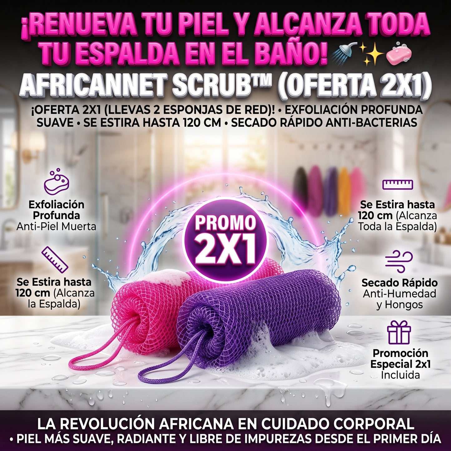 AFRICANNET™ Malla exfoliante corporal de baño 2x1