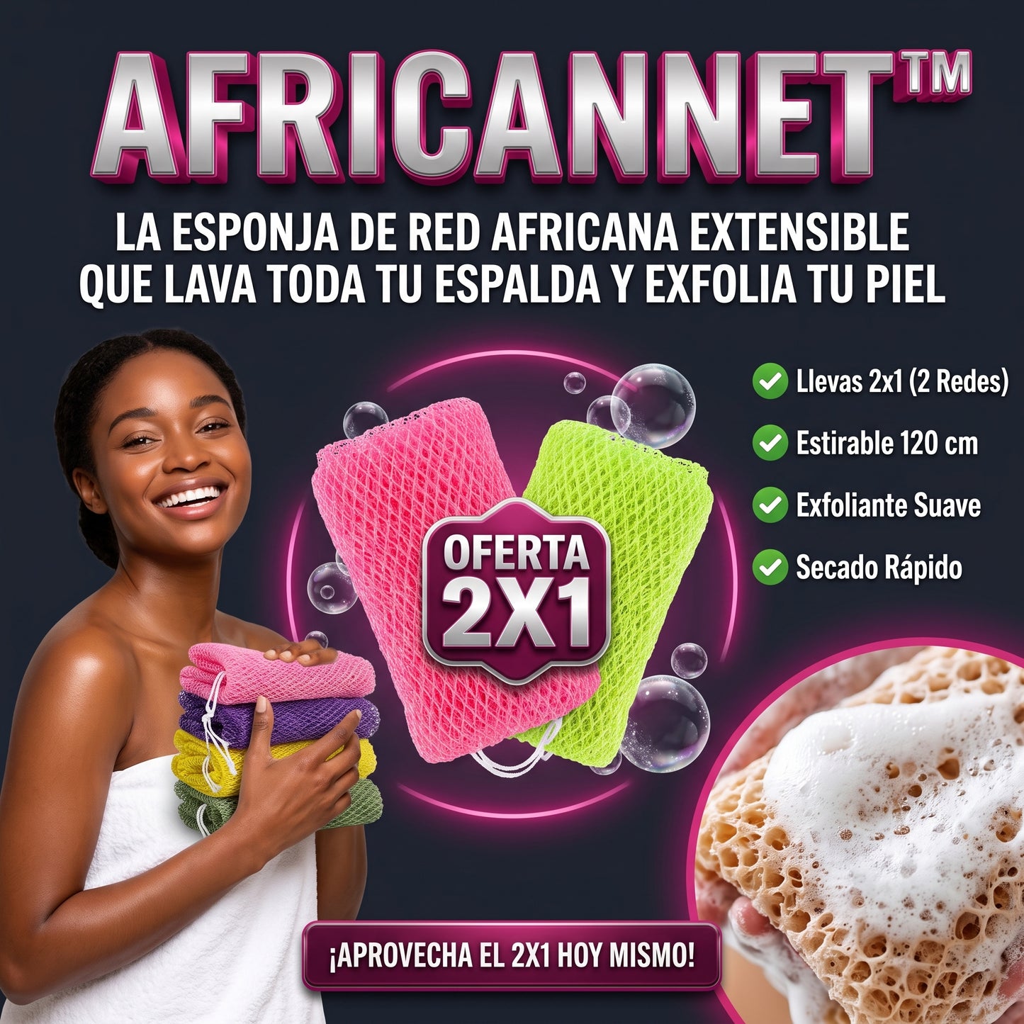 AFRICANNET™ Malla exfoliante corporal de baño 2x1