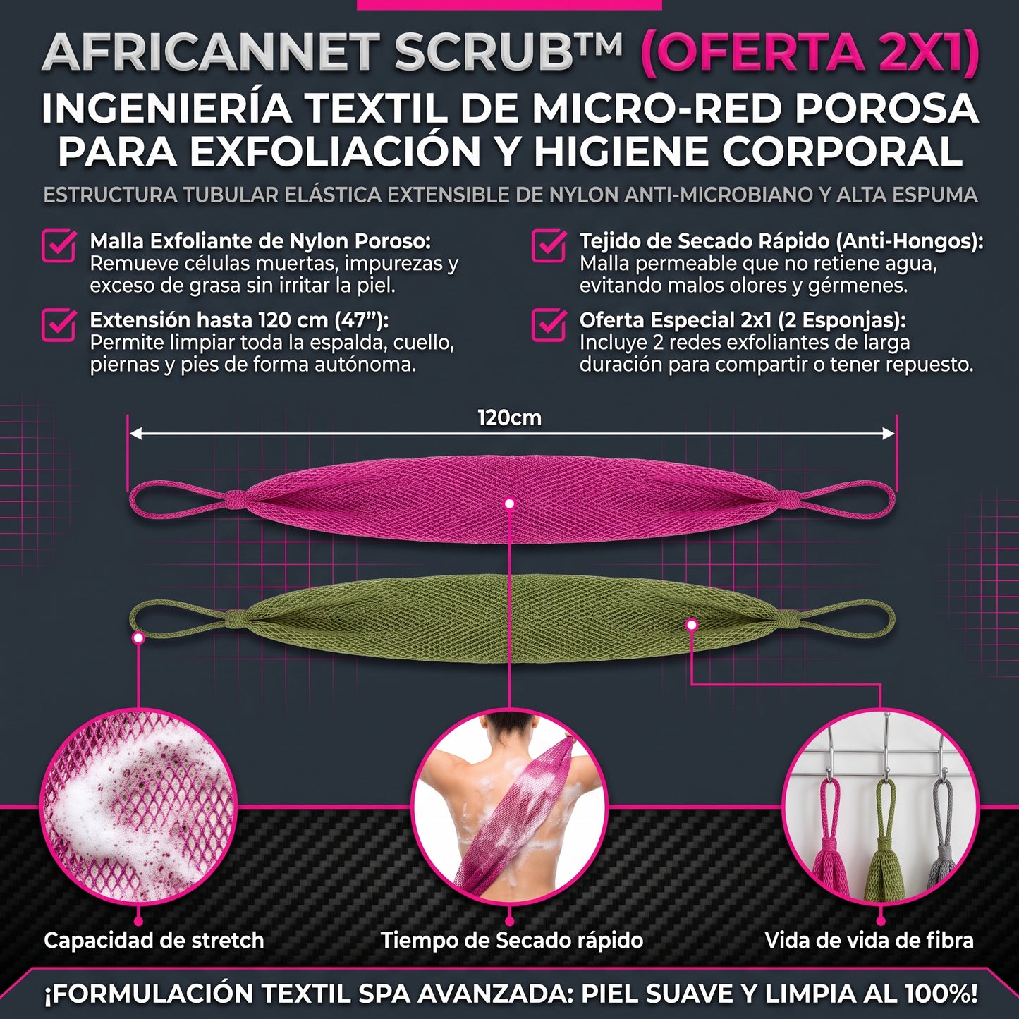 AFRICANNET™ Malla exfoliante corporal de baño 2x1
