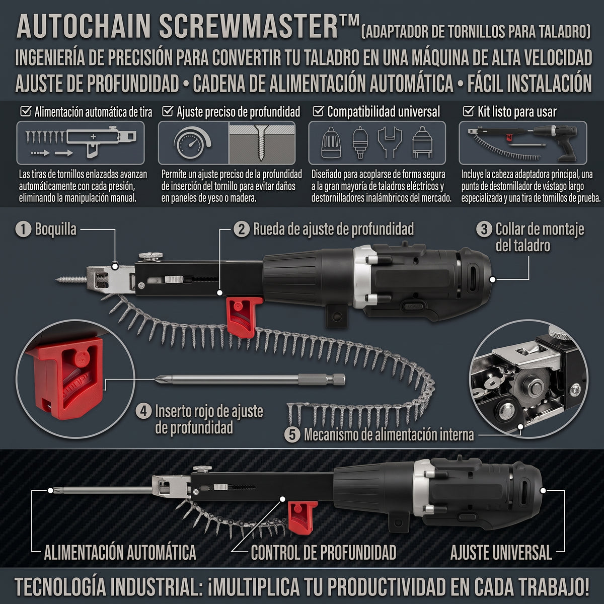 AUTOCHAIN™ Adaptador de Pistola de Tornillos en Cadena para Taladro