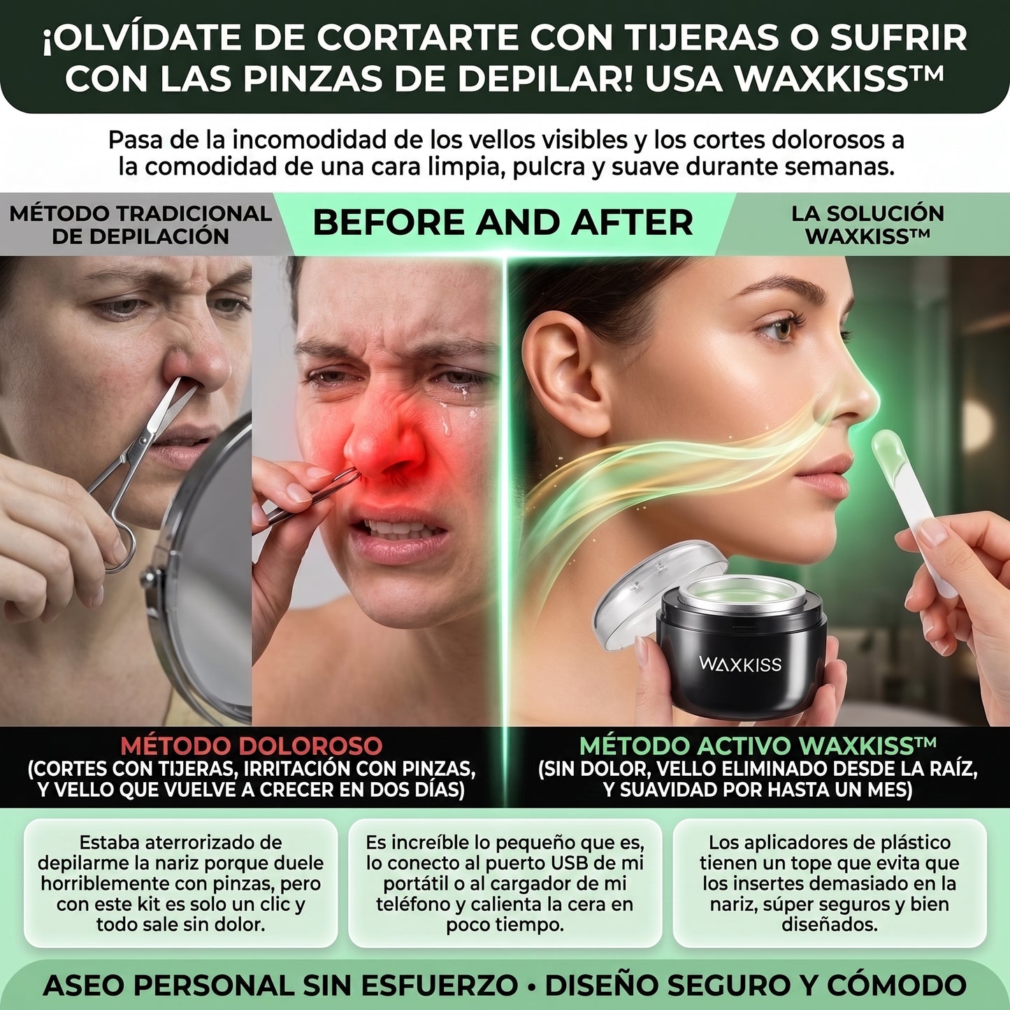 WAXKISS™ Calentador de Cera 3-en-1 para Nariz, Orejas y Cejas