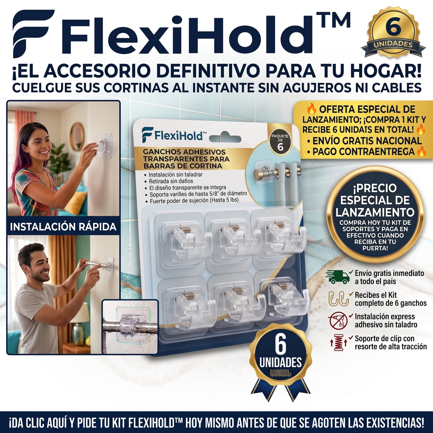 FlexiHold™ Ganchos Adhesivos de Soporte para Barra de Cortina