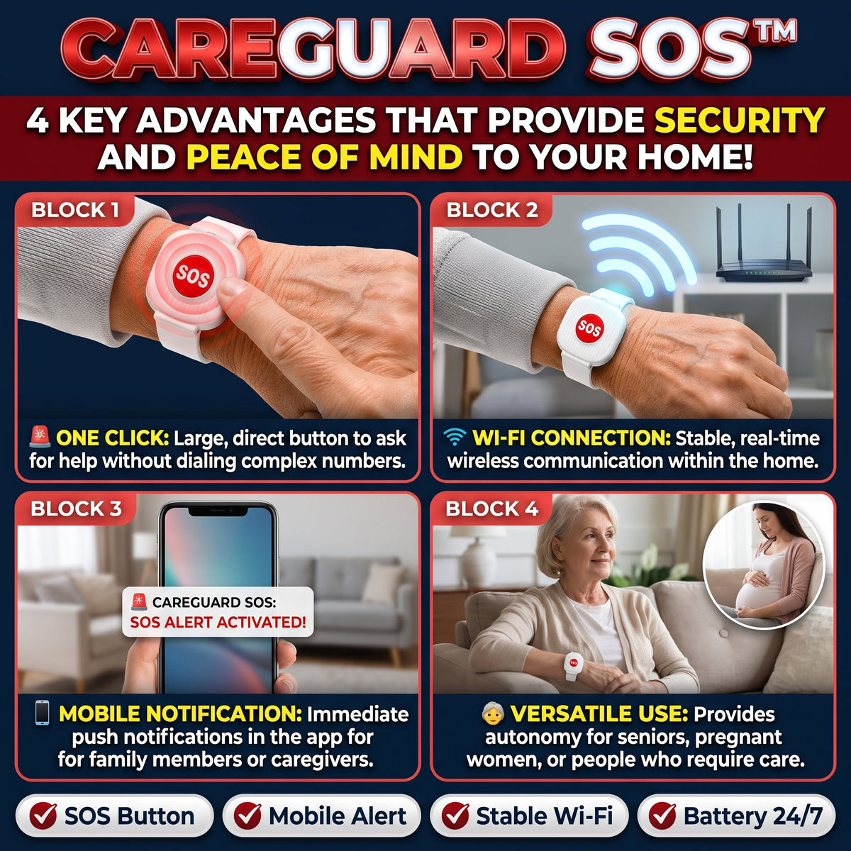 CAREGUARD SOS™ Reloj con Botón de Emergencia SOS Wi-Fi