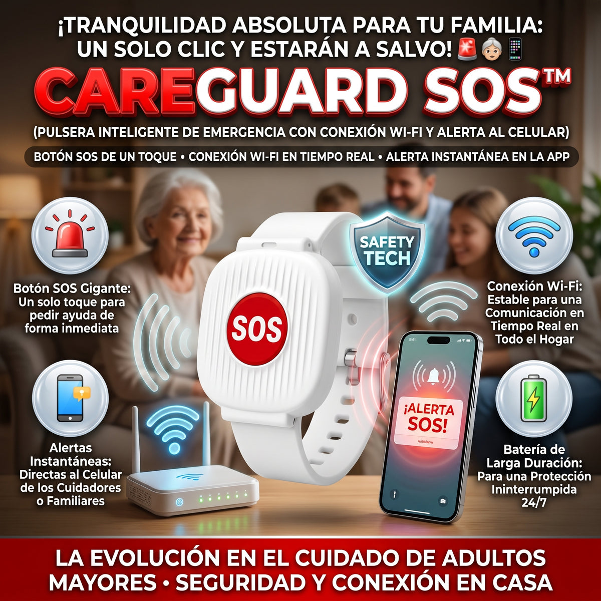 CAREGUARD SOS™ Reloj con Botón de Emergencia SOS Wi-Fi