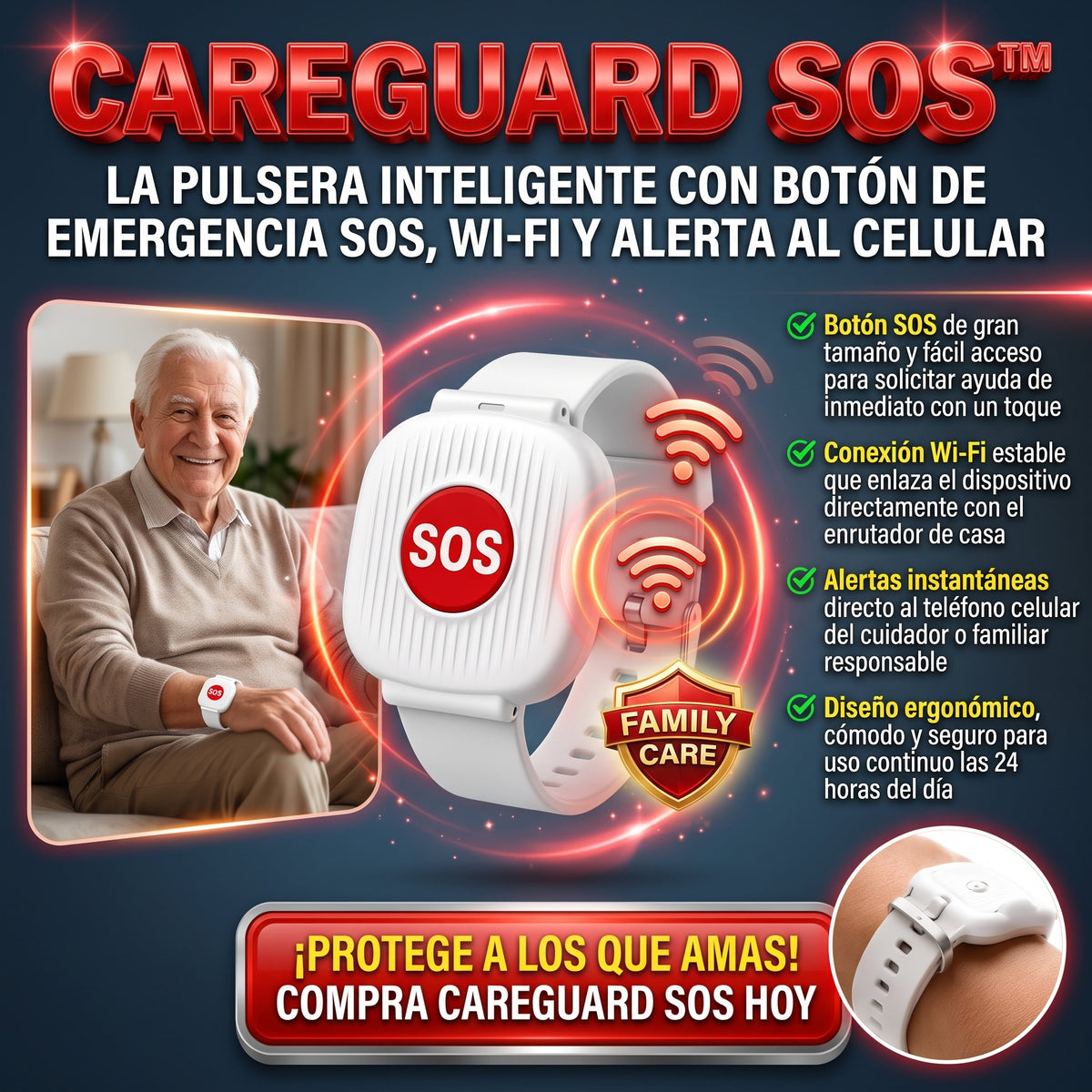 CAREGUARD SOS™ Reloj con Botón de Emergencia SOS Wi-Fi