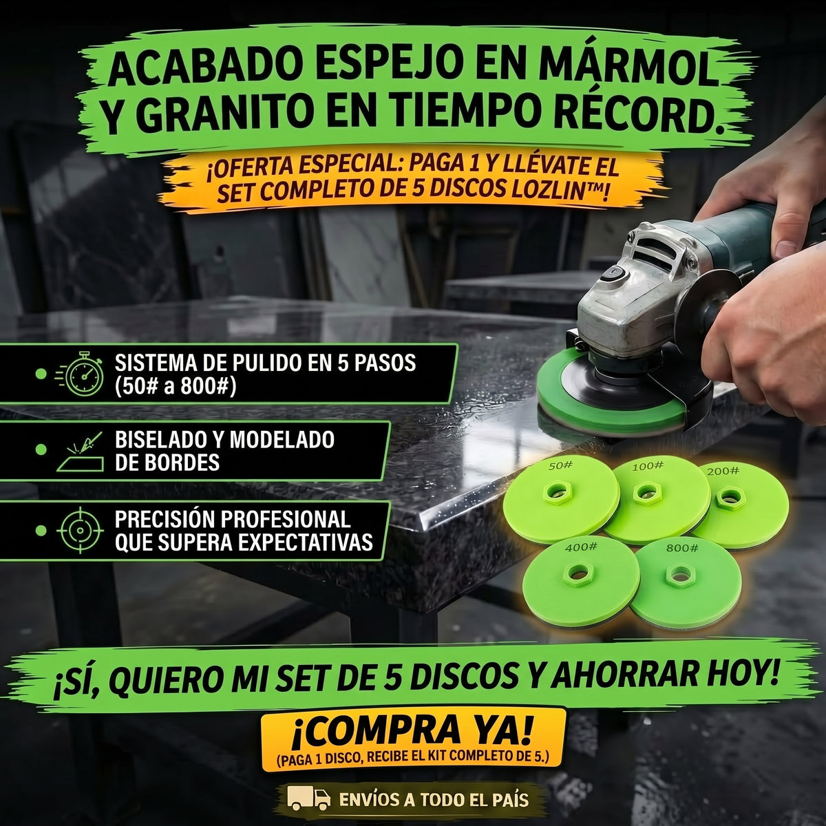LOZLIN™  Amoladora Diamante Profesional 5x1 discos de 50/100/200  pule mármol, granito, biselado, ETC. modelado de bordes