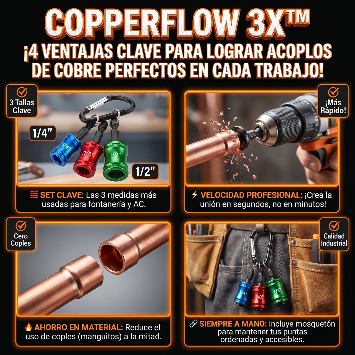 COPPERFLOW™ : Juego de 3 Expandidores y Abocinadores de Tubos de Cobre