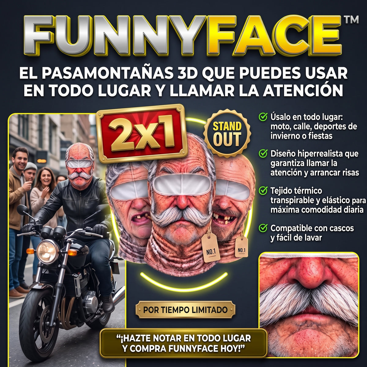 FUNNYFACE™ Pasamontañas Divertido de Rostro Realista 2x1 - T