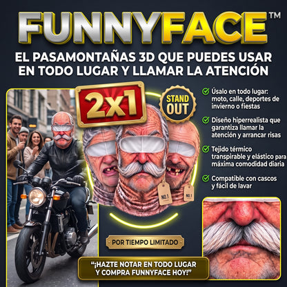 FUNNYFACE™ Pasamontañas Divertido de Rostro Realista 2x1 - T