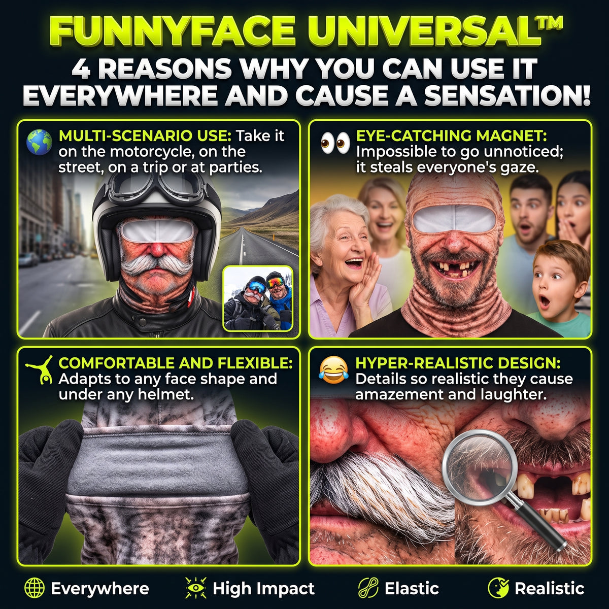 FUNNYFACE™ Pasamontañas Divertido de Rostro Realista 2x1 - T