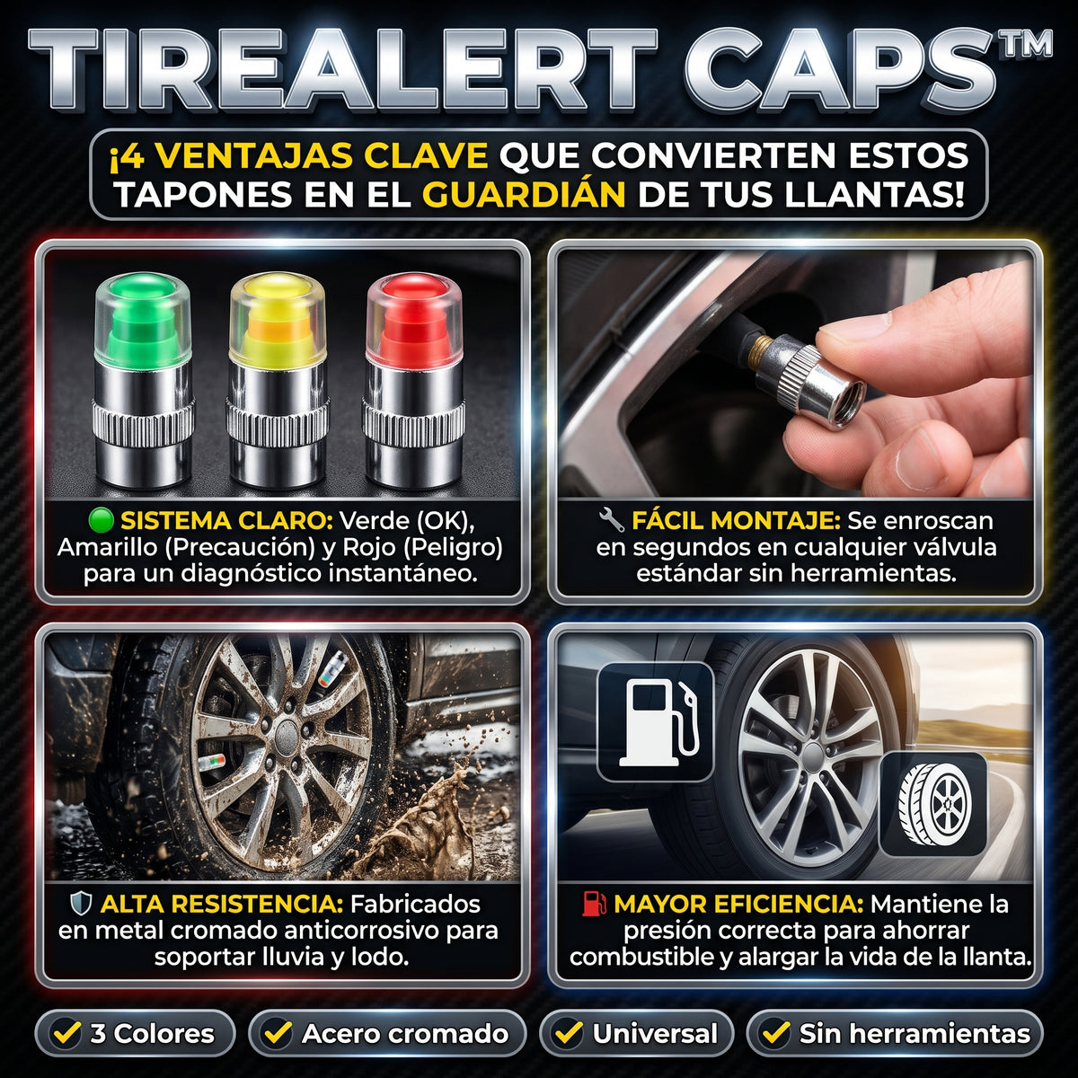TIRELERT CAPS™ Set de 4 Und Tapas de Válvula con Manómetro Indicador de Presión