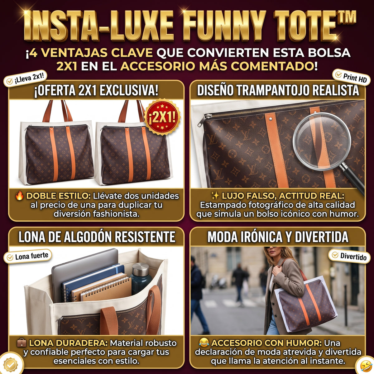 INSTA-LUXE FUNNY TOTE™ Efecto 3D de Bolsos Icónicos LLEVA 2X1