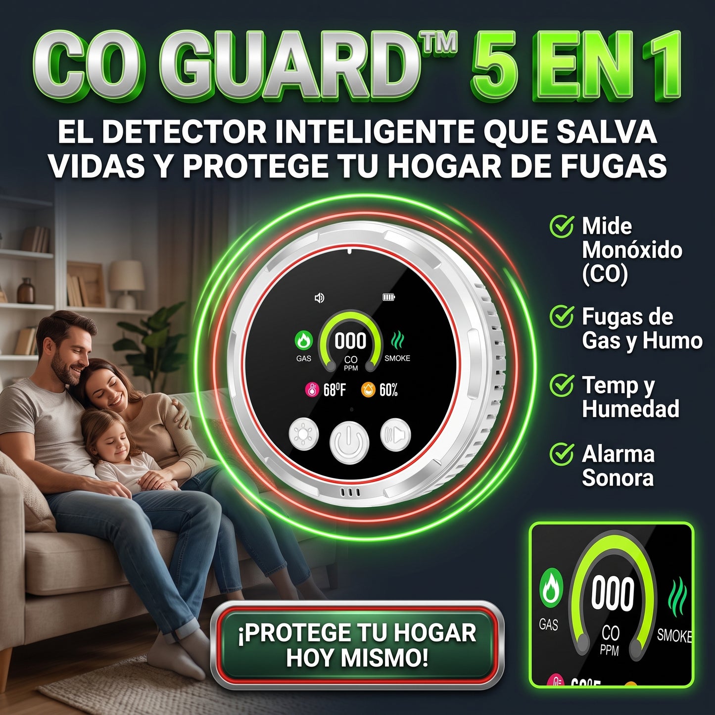 CO GUARD™ 5 EN 1 Detector de Humos seguridad para el hogar