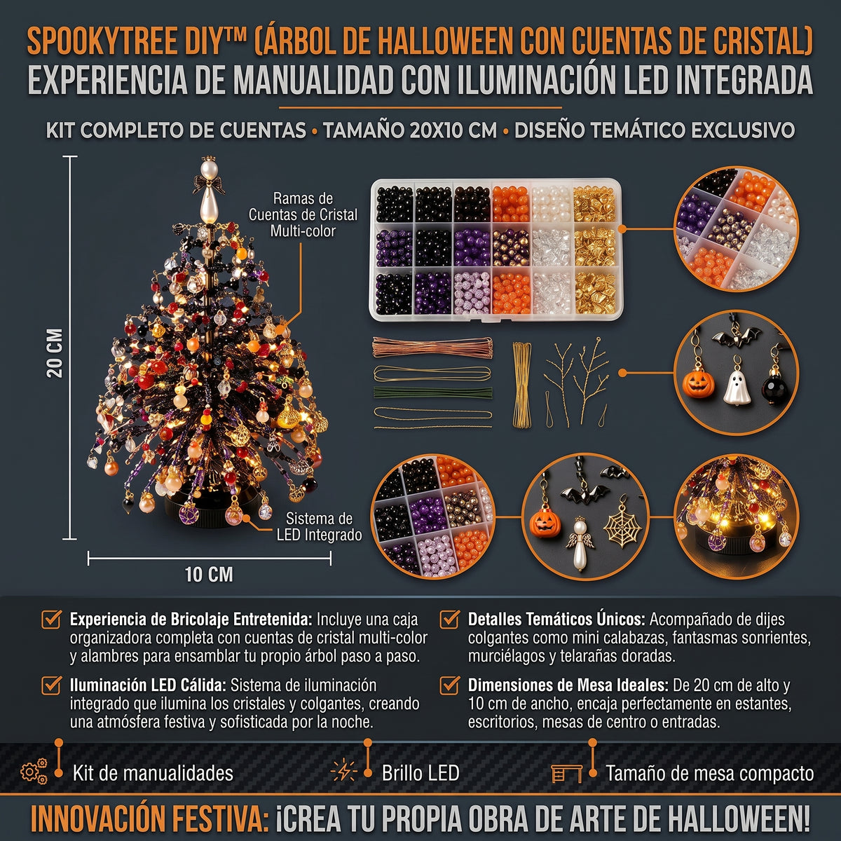 LED SPOOKYTREE™ Árbol de Halloween Decorativo con Cuentas y Luces