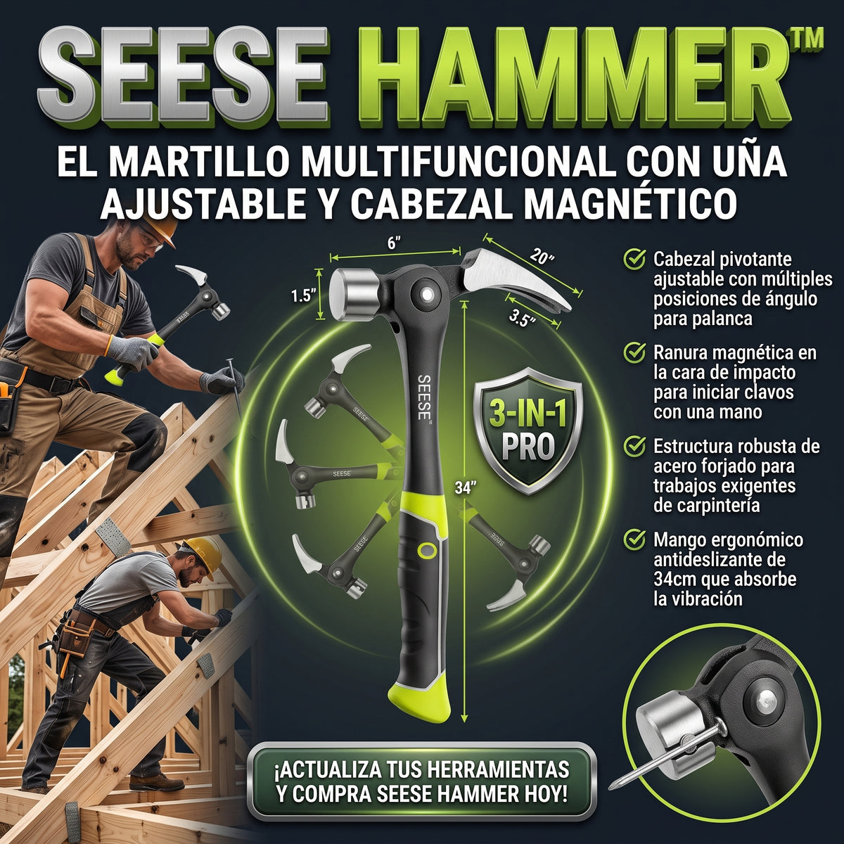 SEESE HAMMER™ Martillo Multifuncional Ajustable, Extractor de Uñas y Magnético