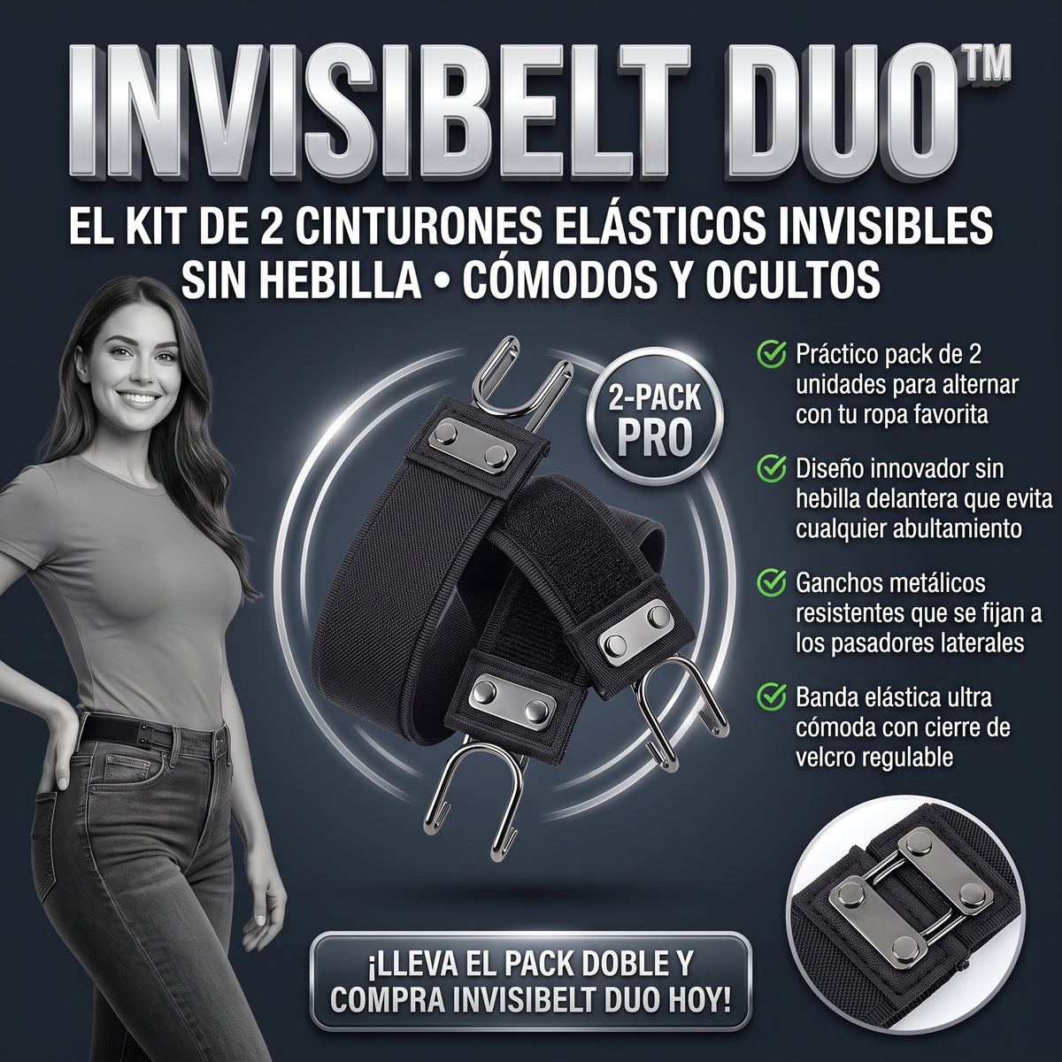 INVISIBELT DUO™ Cinturón Elástico Ajustable sin Hebilla con Gancho set 2