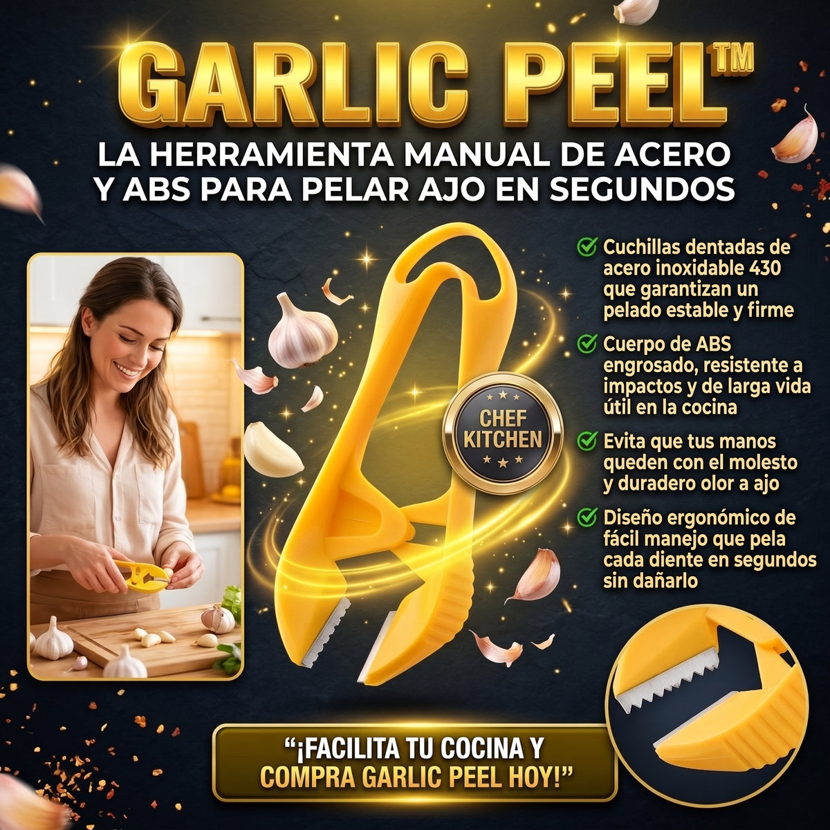 GARLIC PEEL™ Pelador de Ajos Ergonómico con Cuchillas de Acero 2X1