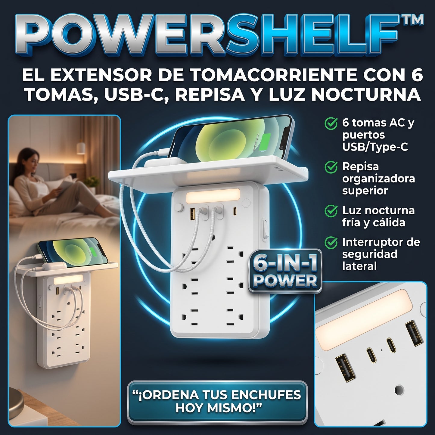 POWERSHELF™ Extensión de Enchufe de Pared con Repisa y Luz Nocturna