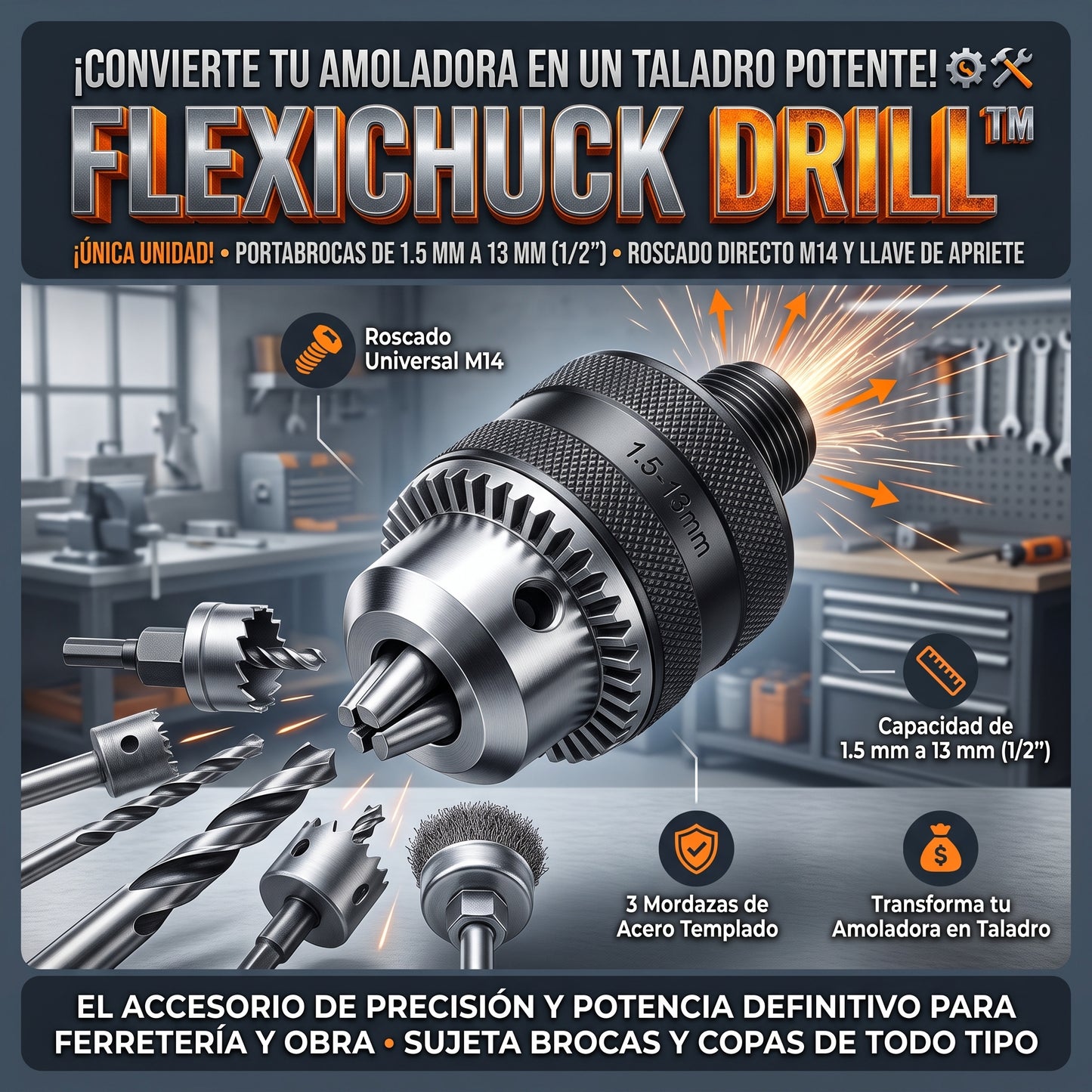 FlexiChuck Drill™ Mandril Adaptador de Taladro para Amoladora Angular