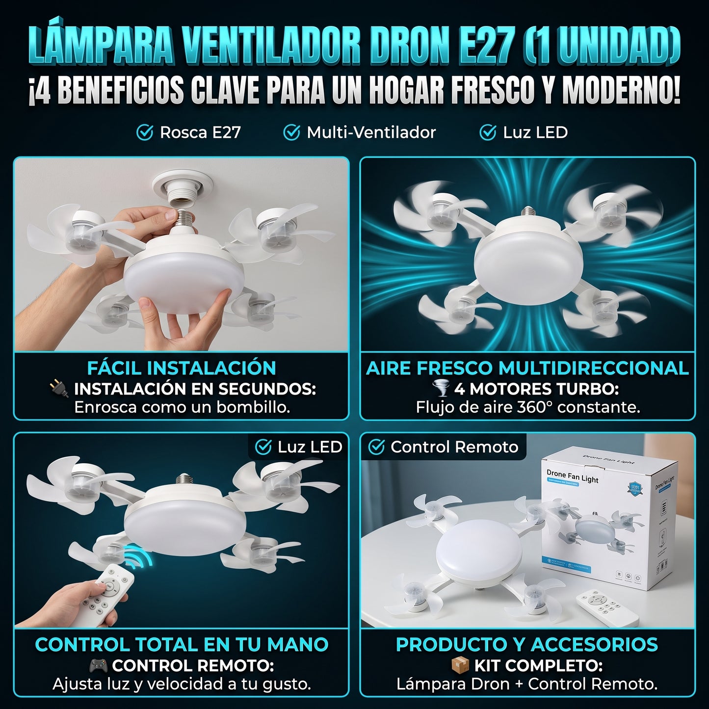 AEROLIGHT DRONE™ Lámpara LED con Ventilador Múltiple Estilo Dron