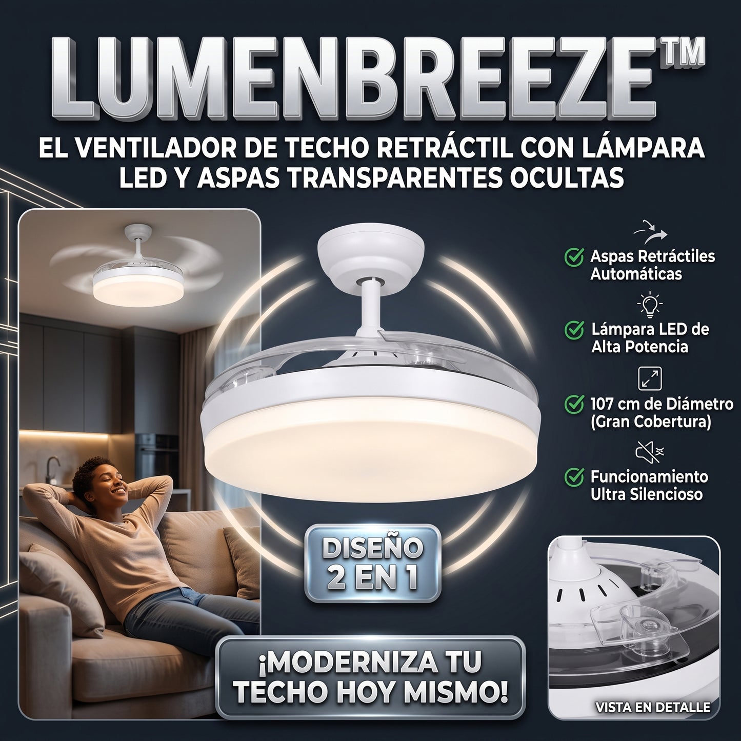LUMENBREEZE™ Ventilador de Techo LED con Aspas Ocultas