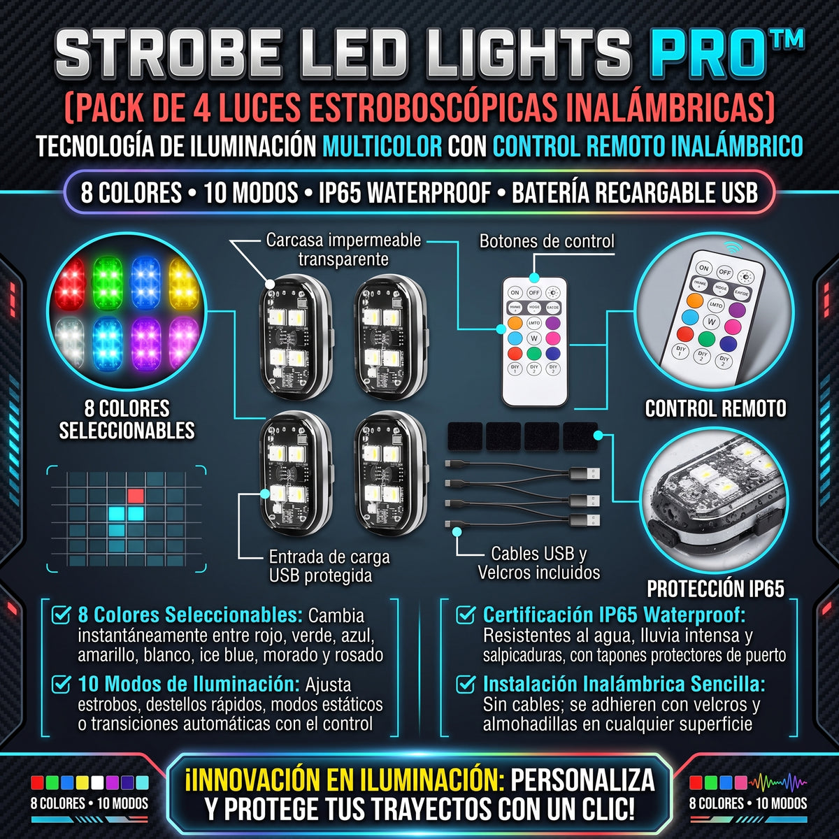 STROBE LED PRO™ Set de 4 Luces LED Estroboscópicas Inalámbricas con Control Remoto