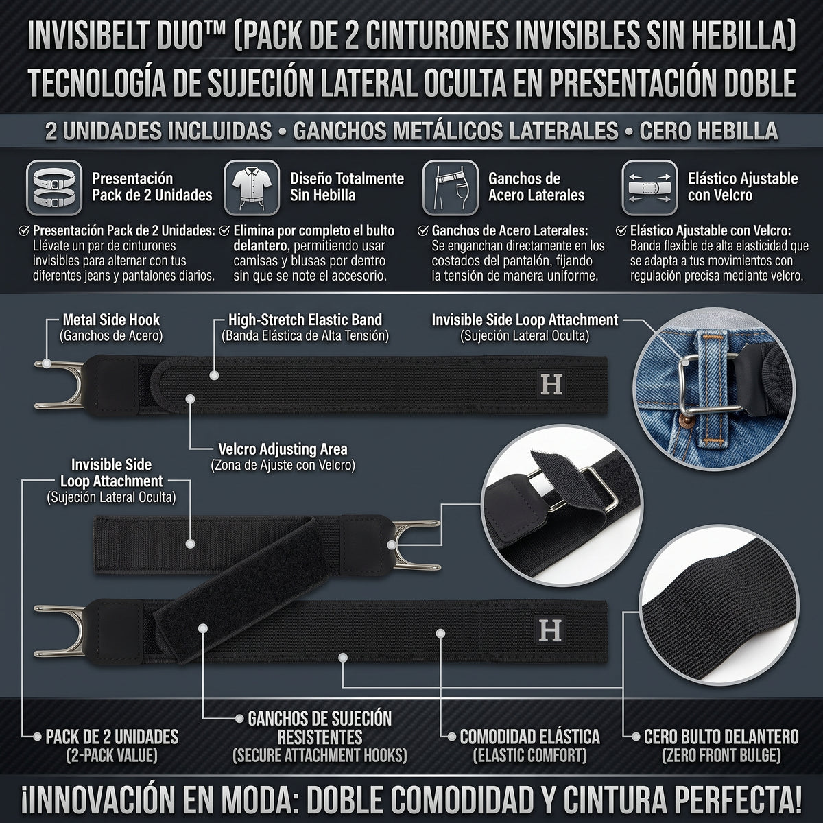INVISIBELT DUO™ Cinturón Elástico Ajustable sin Hebilla con Gancho set 2