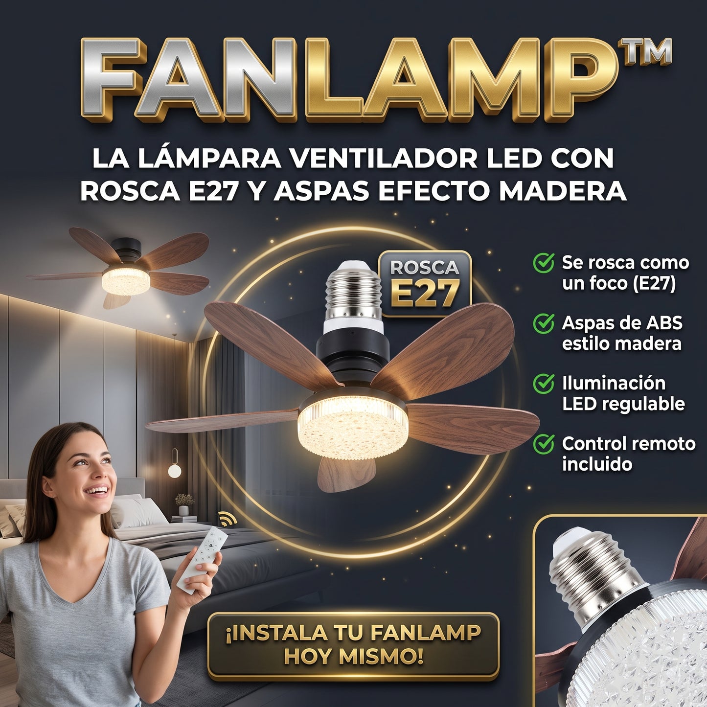 FANLAMP™ Lámpara de Techo LED Aspas Efecto Madera y Rosca E27