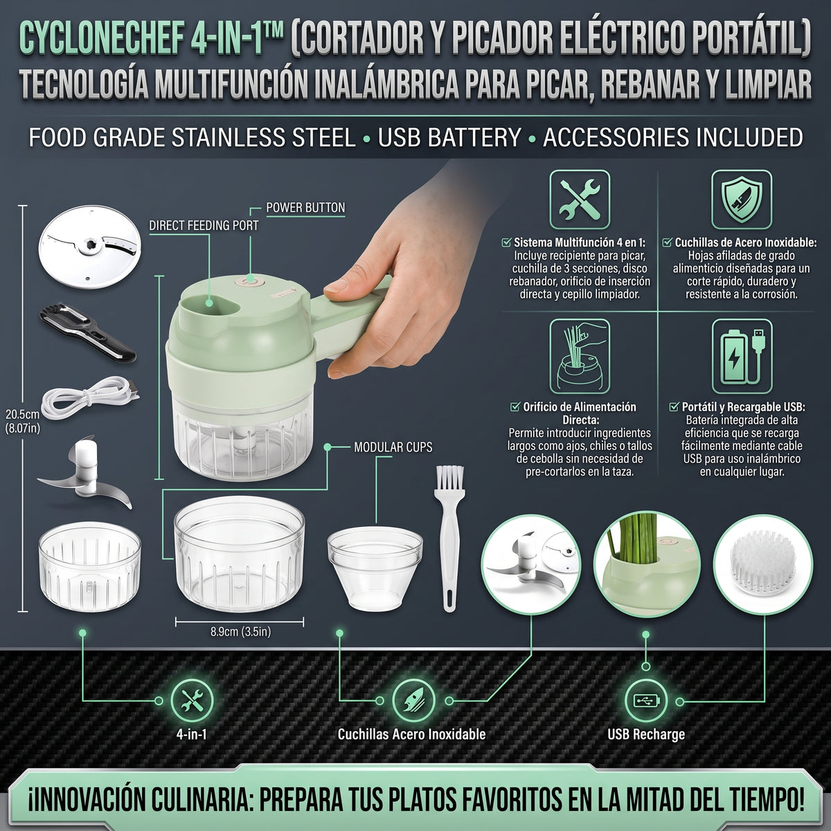 CYCLONECHEF™ Cortador y Procesador de Alimentos Eléctrico 4 en 1