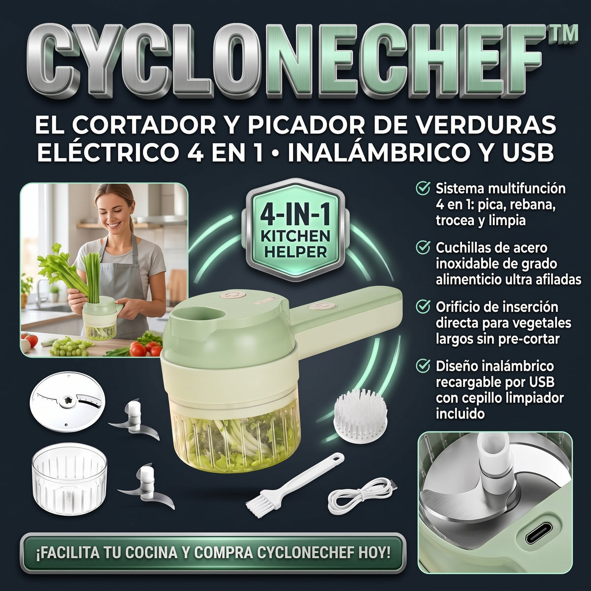 CYCLONECHEF™ Cortador y Procesador de Alimentos Eléctrico 4 en 1