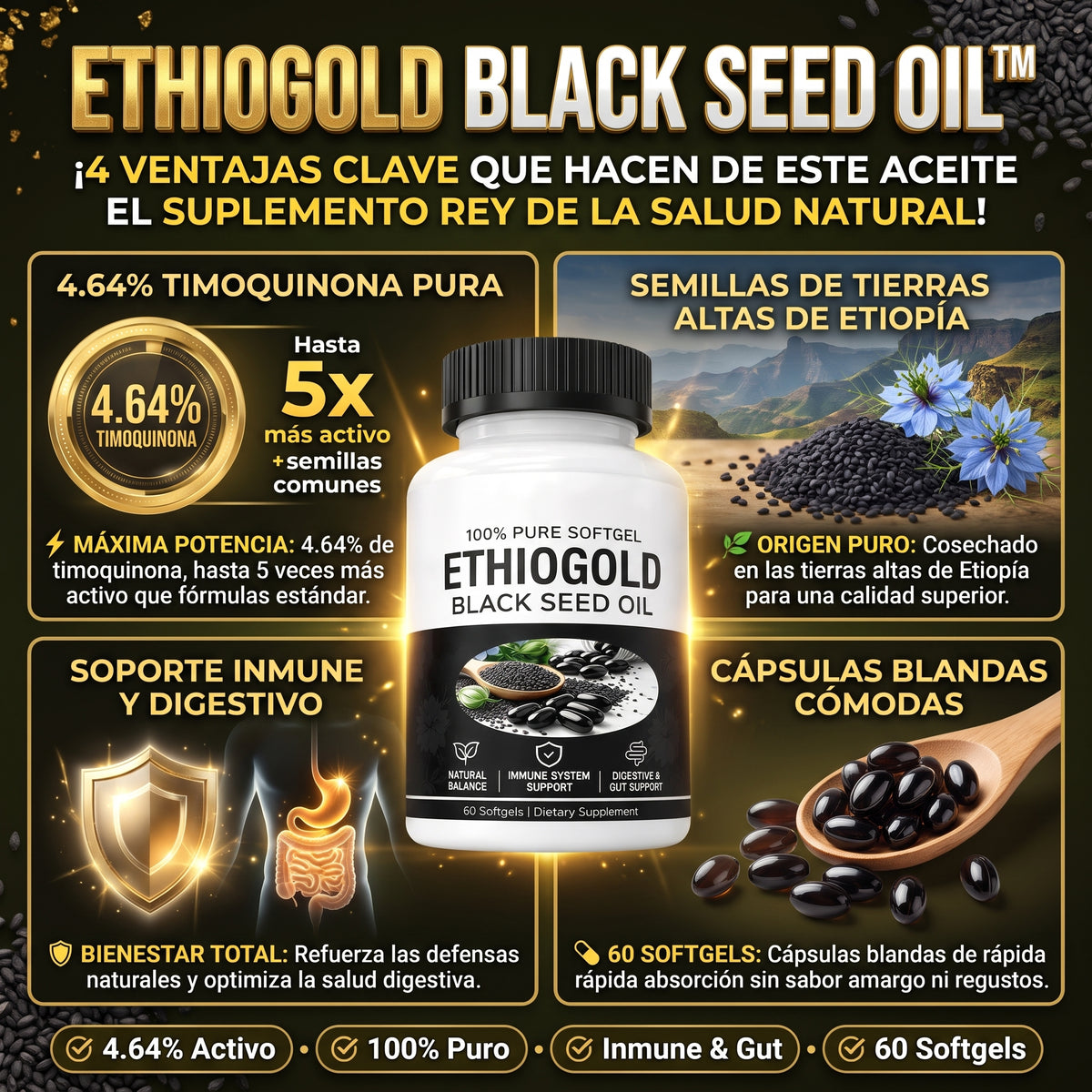 ETHIOGOLD BLACK SEED OIL™ 60 Softgels Aceite de Semilla Negra Etíope