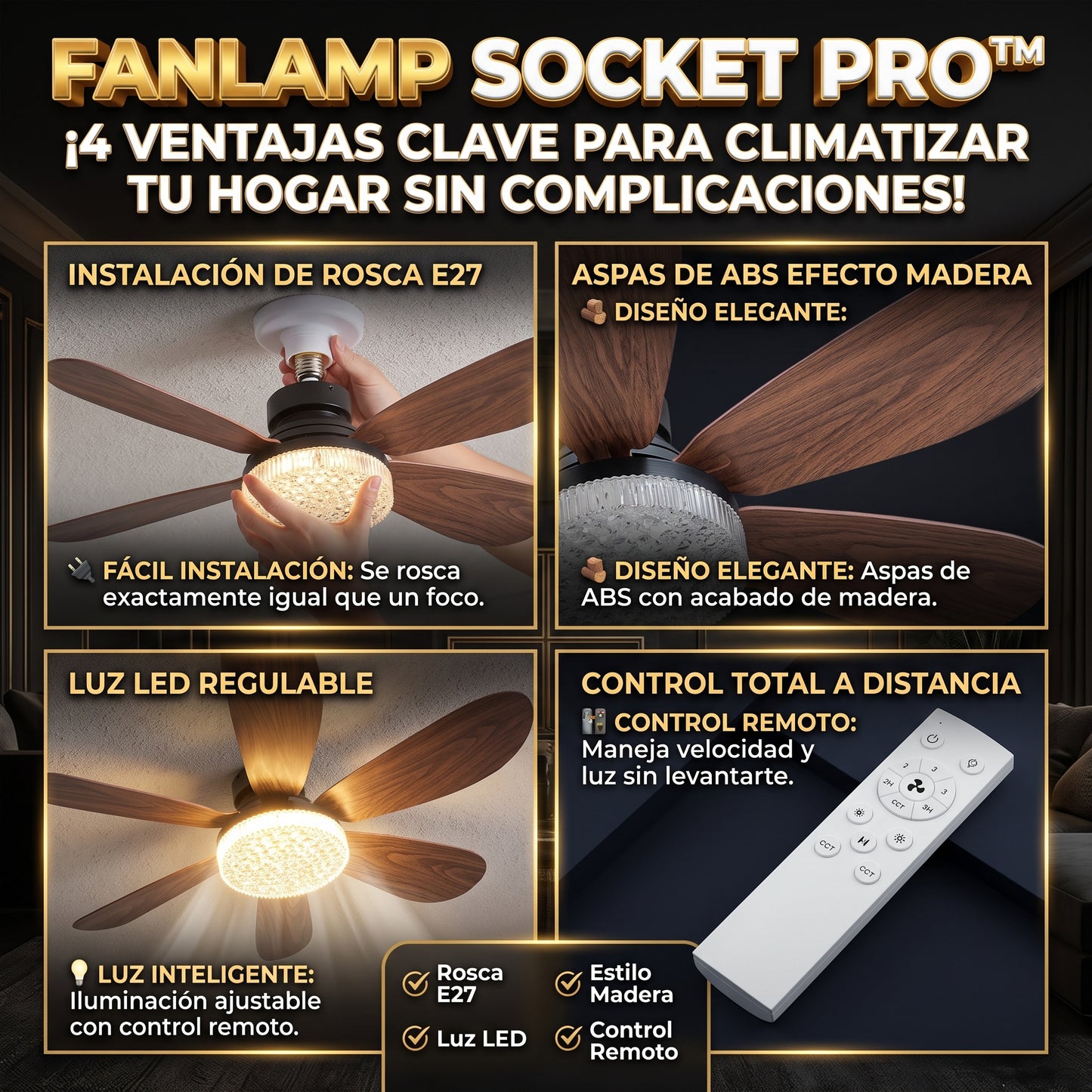 FANLAMP™ Lámpara de Techo LED Aspas Efecto Madera y Rosca E27