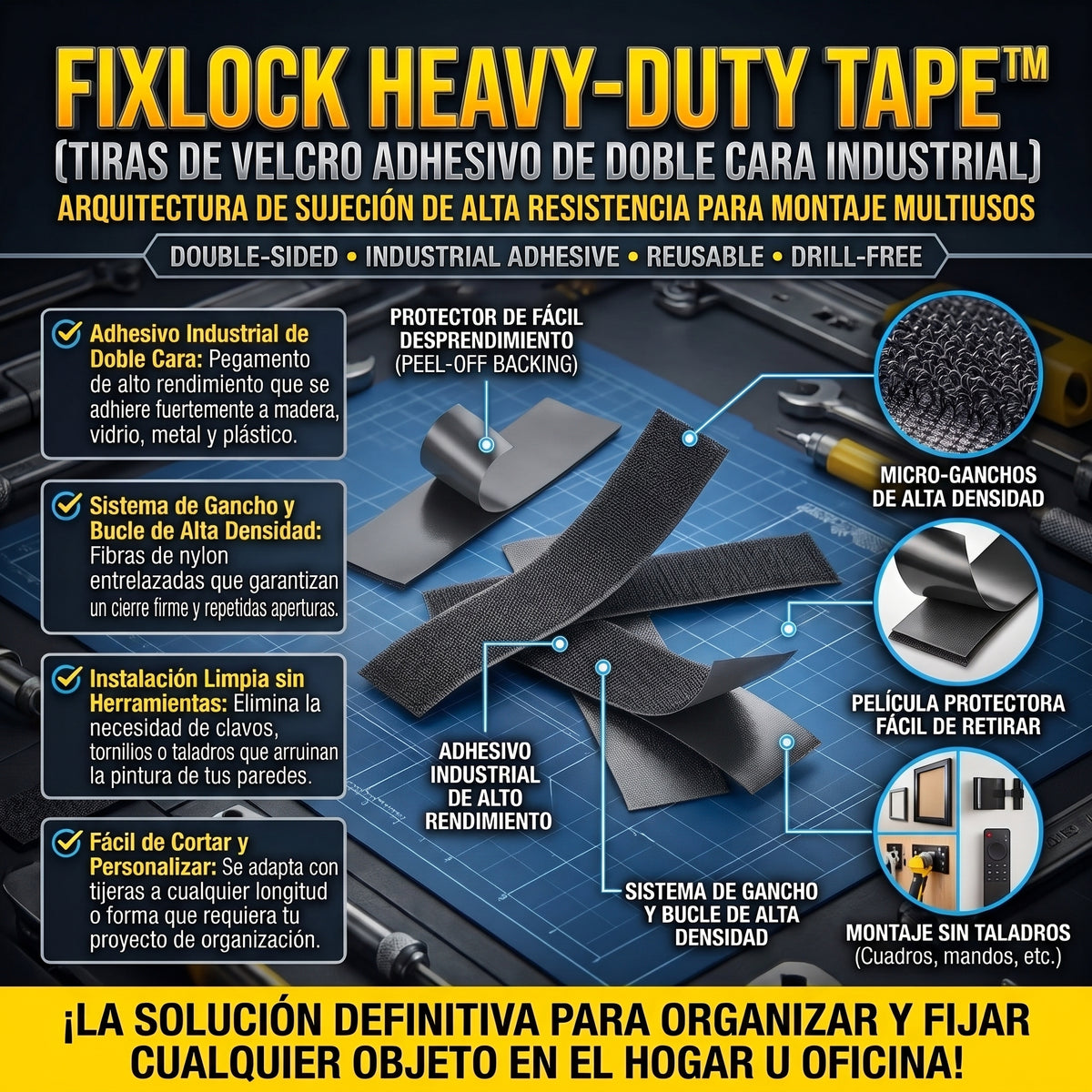 FIXLOCK HEAVY-DUTY TAPE™ Cintas Adhesivas de Doble con Velcro 12und