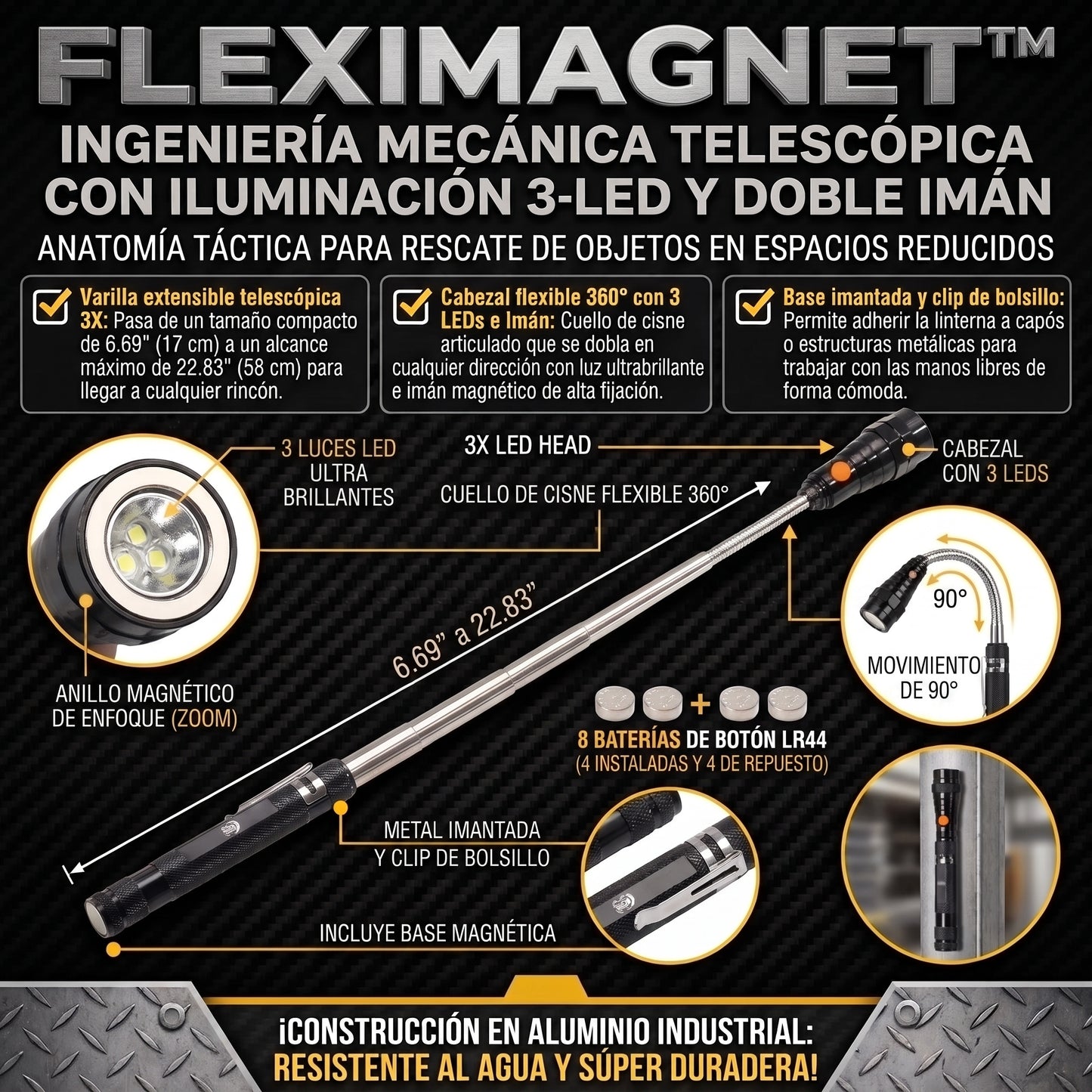 FlexiMagnet™ Linterna LED Magnética Telescópica Flexible